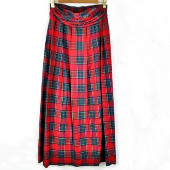 Talbots 80's Vintage Royal Stewart Red Tartan Pleated Belted Maxi Skirt  Sz 4 - Picture 1 of 9